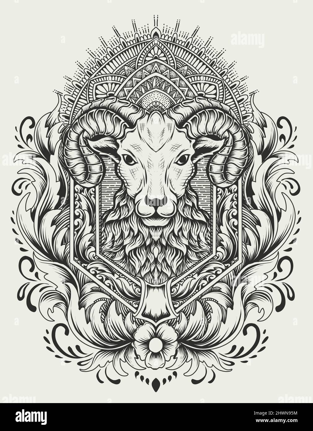 Illustrazione della testa di pecora vettoriale con ornamento da incisione d'epoca Illustrazione Vettoriale