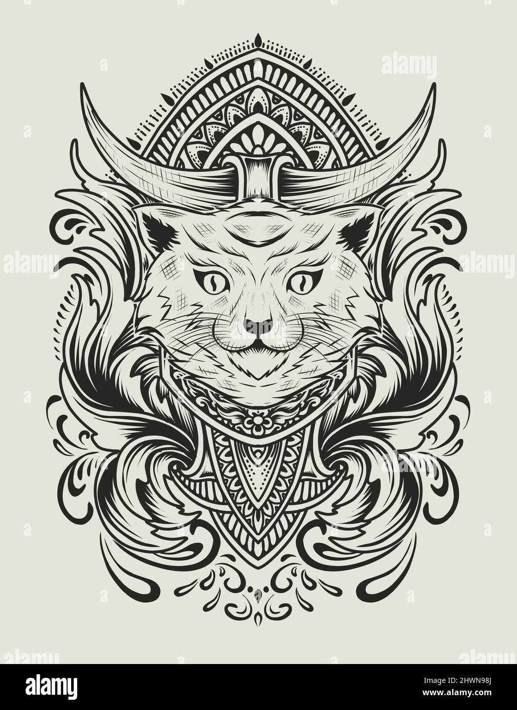 Illustrazione testa di gatto vettoriale con ornamento da incisione vintage Illustrazione Vettoriale