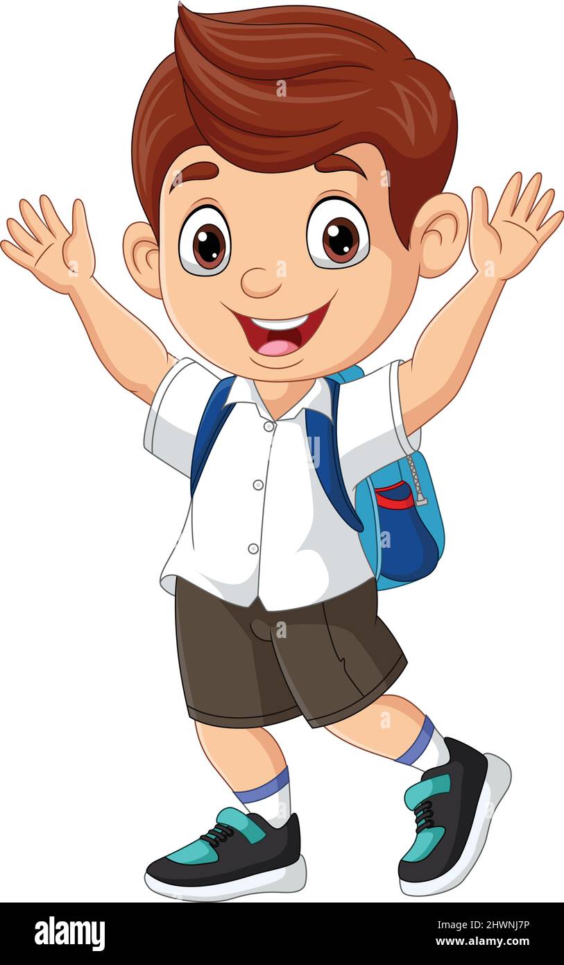 Cartone animato ragazzo felice scuola alzando le mani Illustrazione Vettoriale