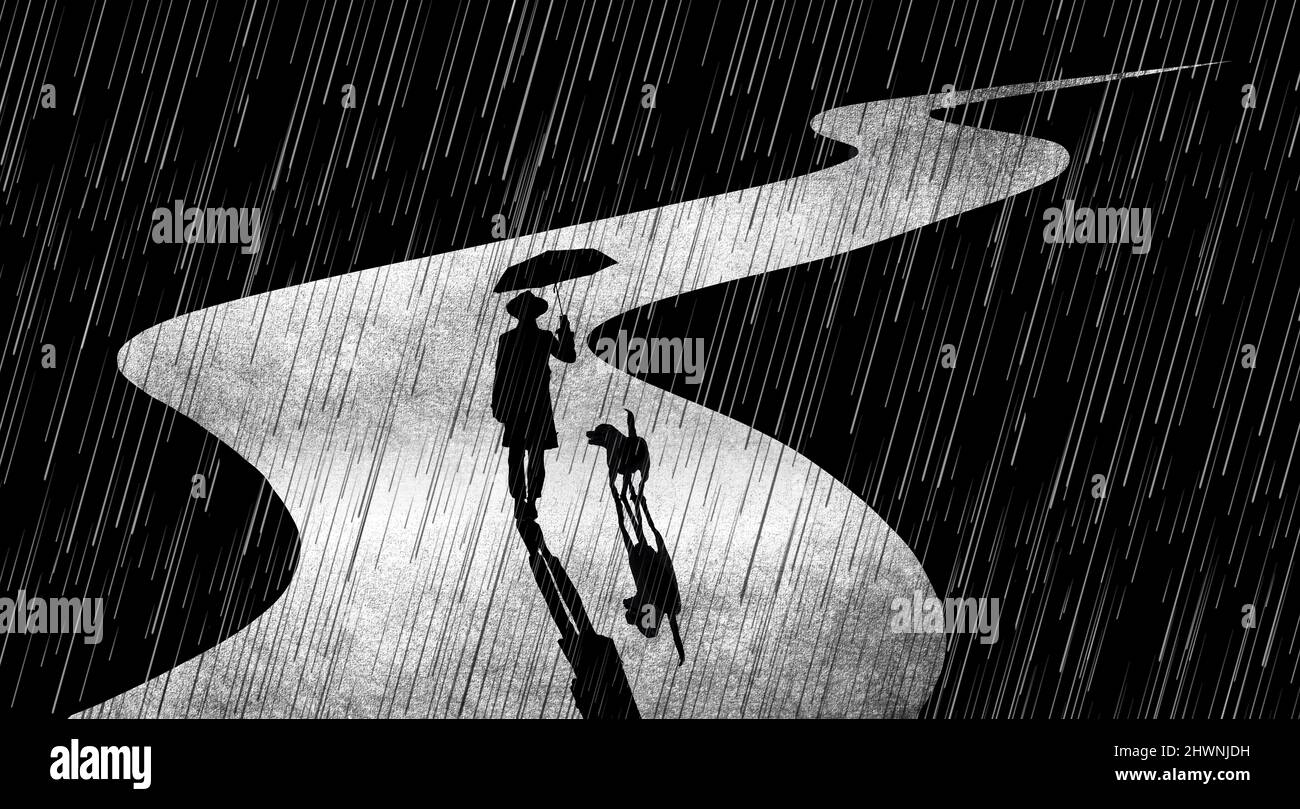 Un uomo con un ombrello e un cane cammina lungo una strada di notte sotto la pioggia in questa illustrazione 3-d. Foto Stock