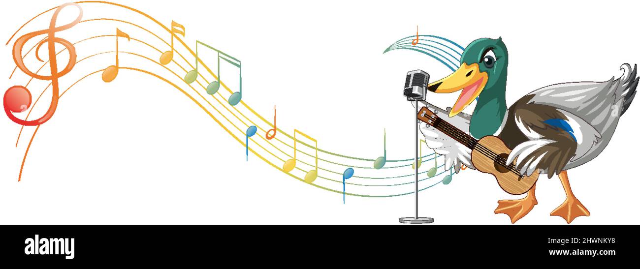 La chitarra anatra suona, ukulele con illustrazione di nota musicale Illustrazione Vettoriale