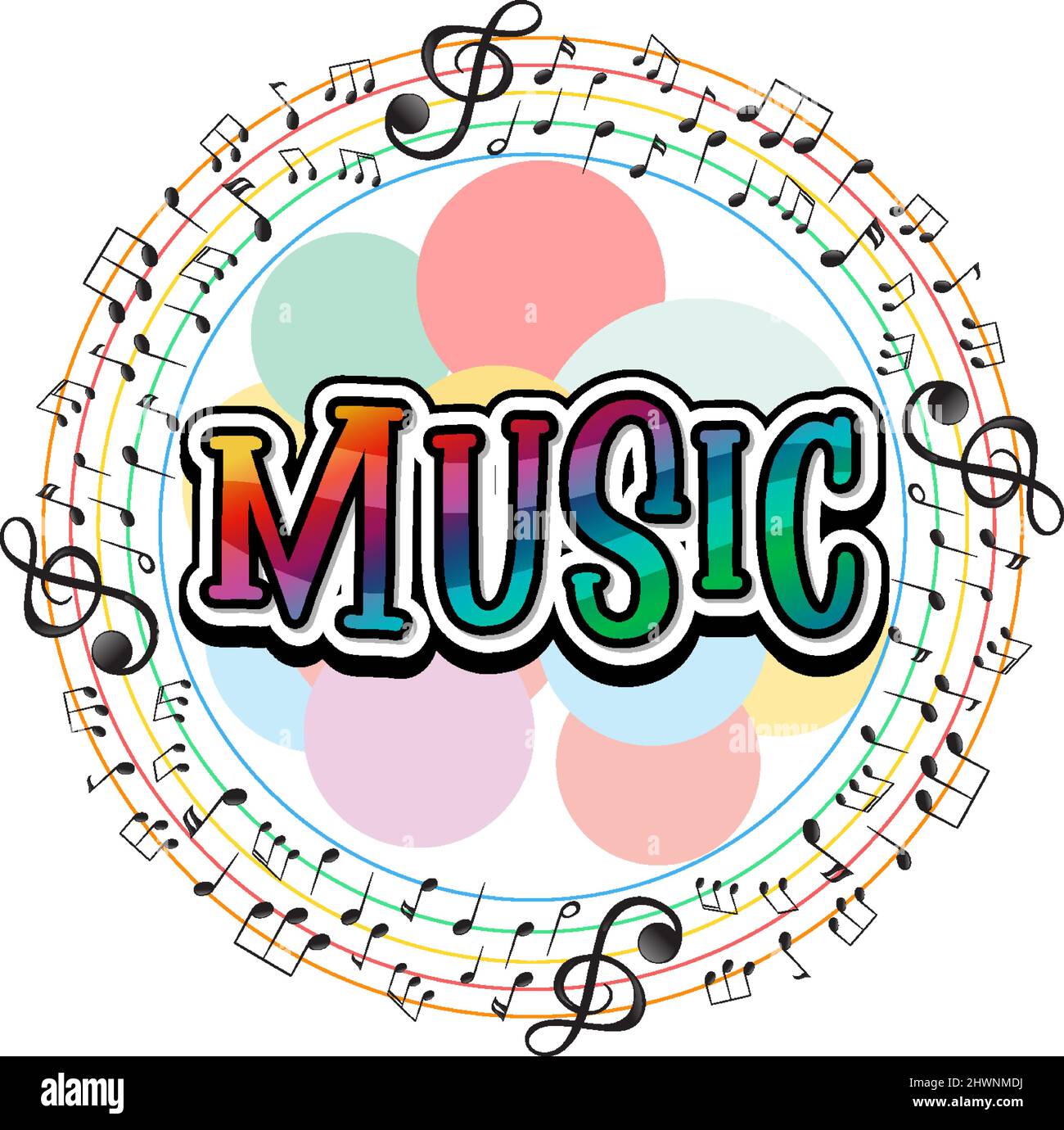 Disegno dei caratteri per la musica di parola con note musicali su sfondo bianco Illustrazione Vettoriale