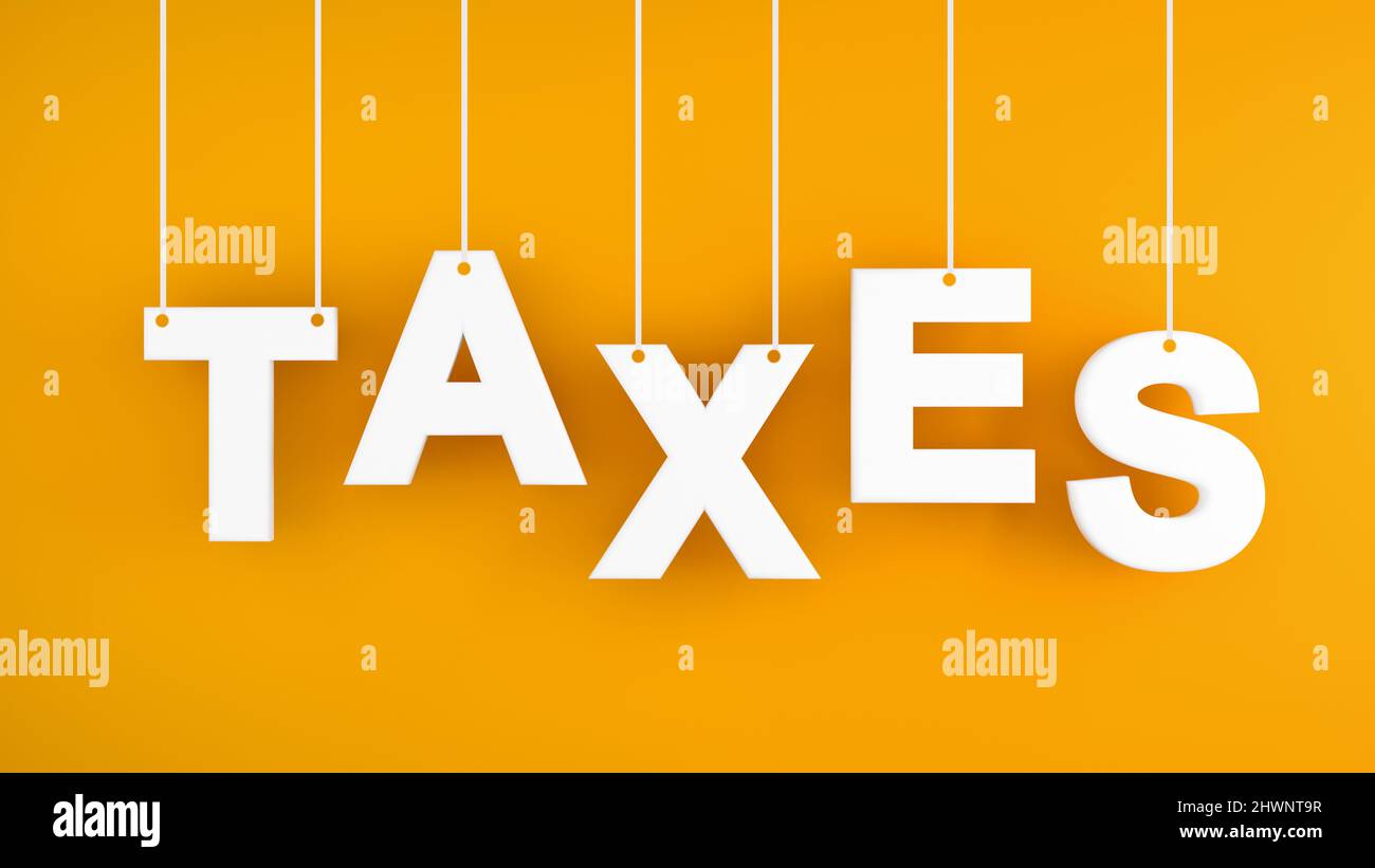 La parola tasse con lettere appese su sfondo giallo. Concetto fiscale e fiscale. 3D rendering. Foto Stock