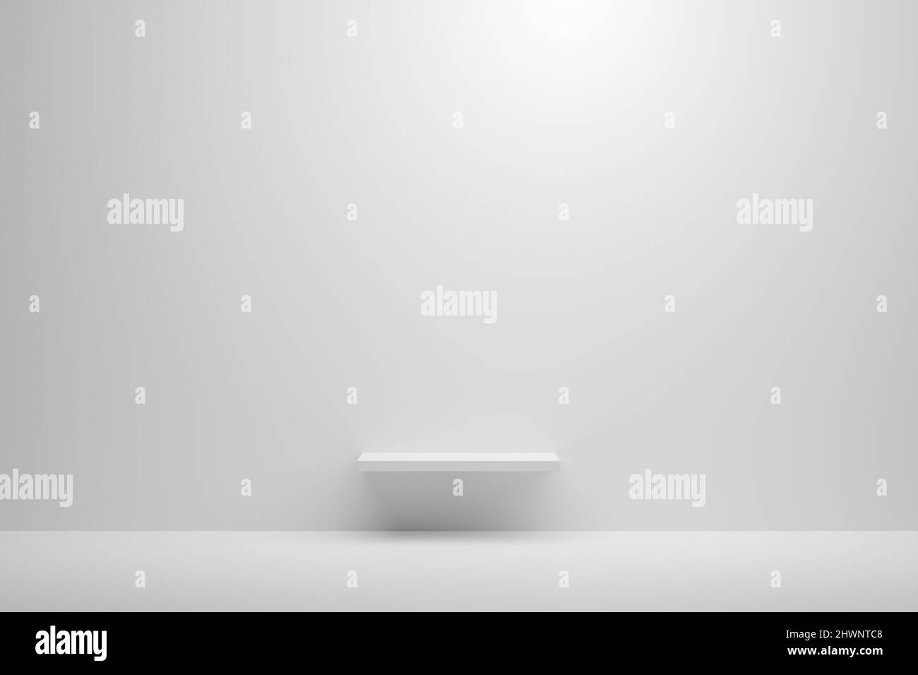 Vista frontale del banco o ripiano bianco vuoto montato su una parete bianca. 3D rendering. Foto Stock
