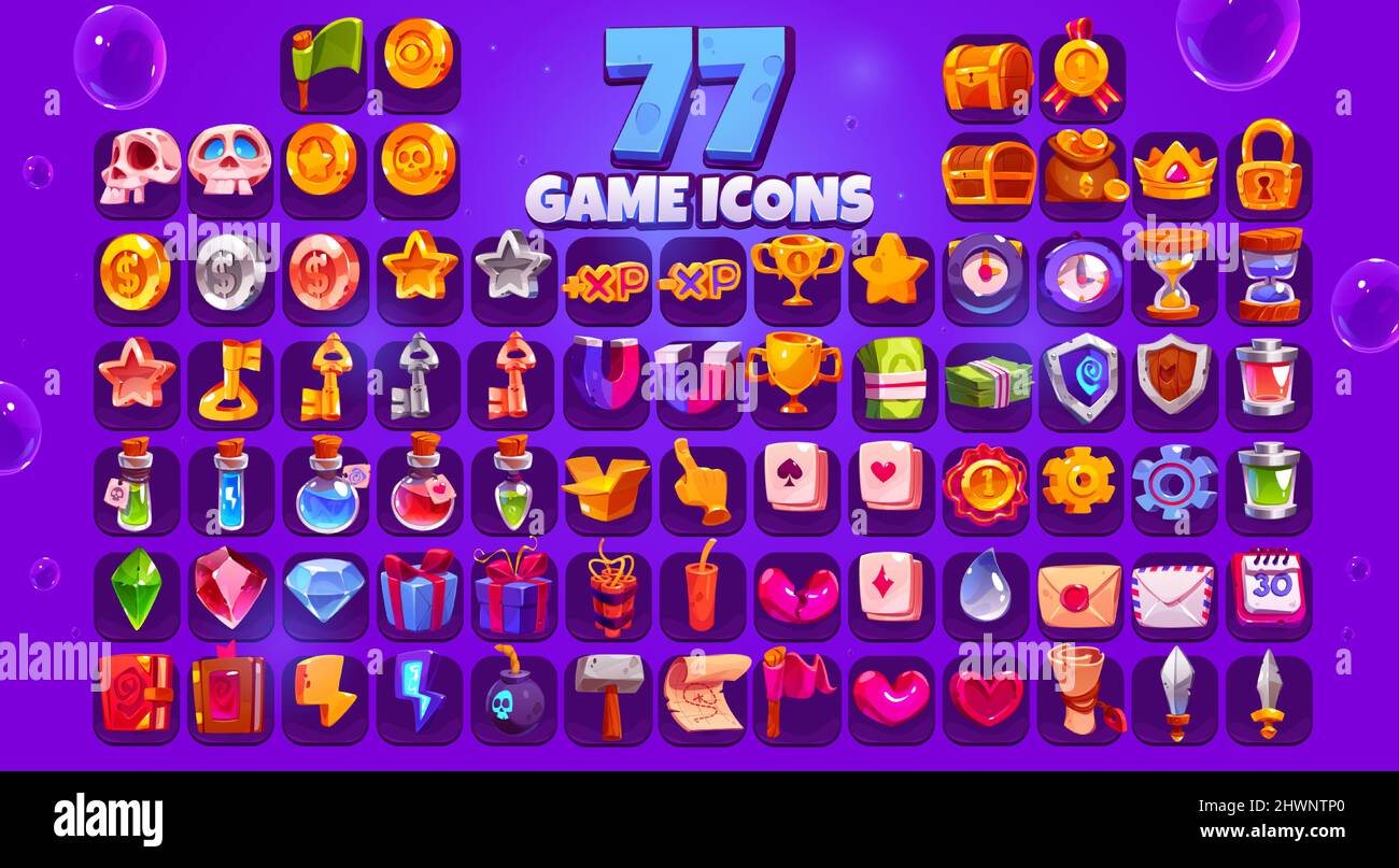Icone di gioco grande set, cranio cartoon, moneta, stella, xp e tazza d'oro, orologio, petto, medaglia o sacco di soldi. Corona, serratura, chiave, magnete o schermo, pozione di strega, Confezione regalo, cristallo e pergamena elementi vector ui Illustrazione Vettoriale
