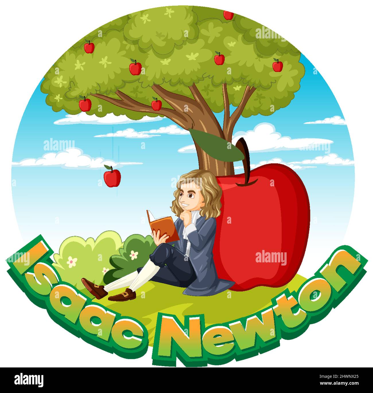 Isaac Newton seduto sotto l'illustrazione dell'albero della mela Illustrazione Vettoriale