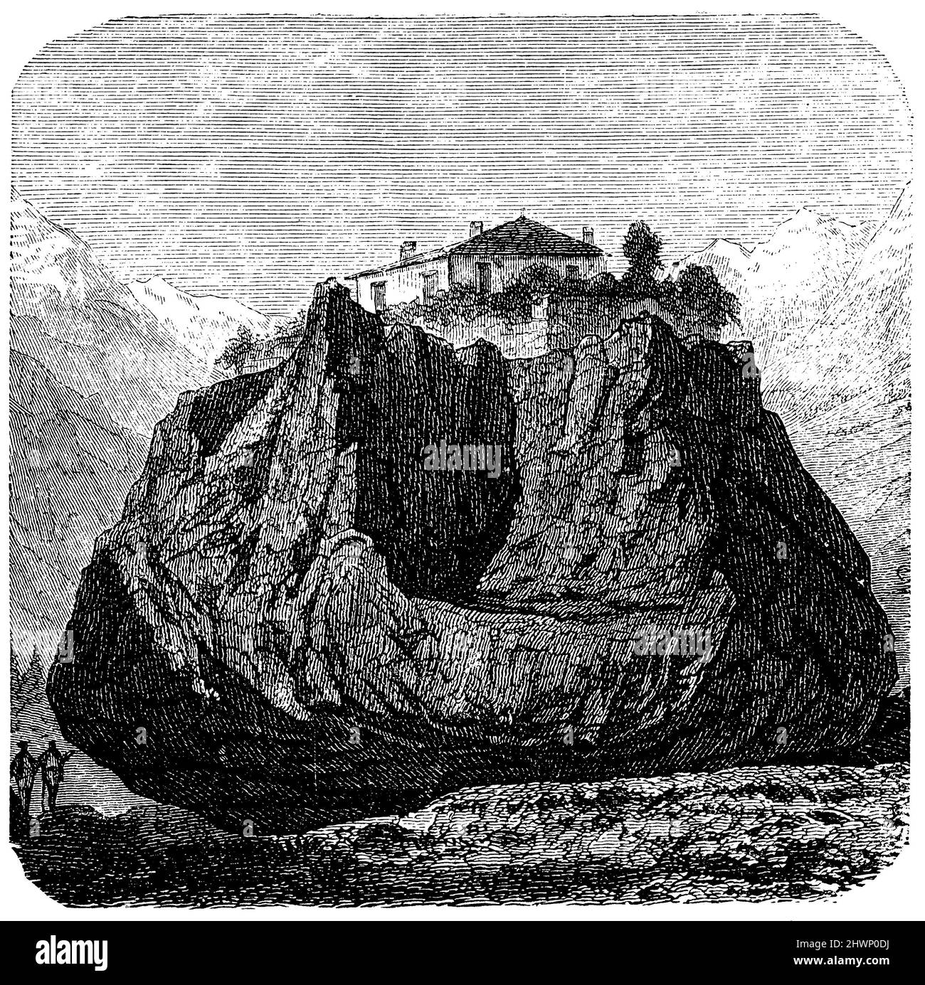 Blocco di granito irregolare vicino a Monthley in Svizzera, , (enciclopedia, 1893), Erratischer Granitblock bei Monthley in der Schweiz, Bloc de granit ératique près de Monthley en Suisse Foto Stock