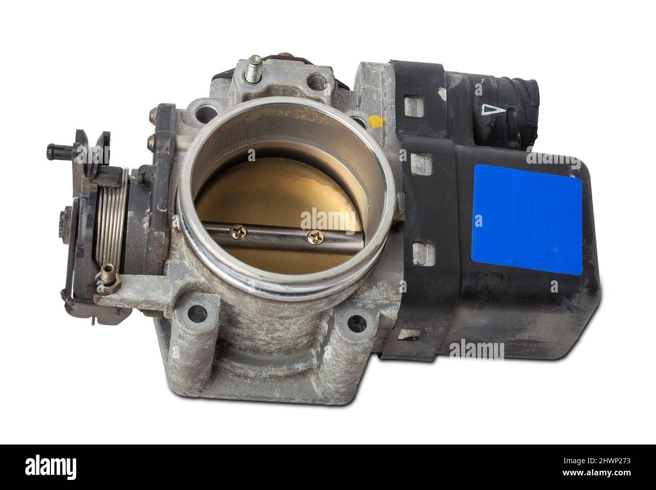 La valvola a farfalla del motore parte vettura è aperta dal pedale dell'acceleratore per fornire più aria al motore. Catalogo dei pezzi di ricambio per i veicoli del cantiere. Foto Stock