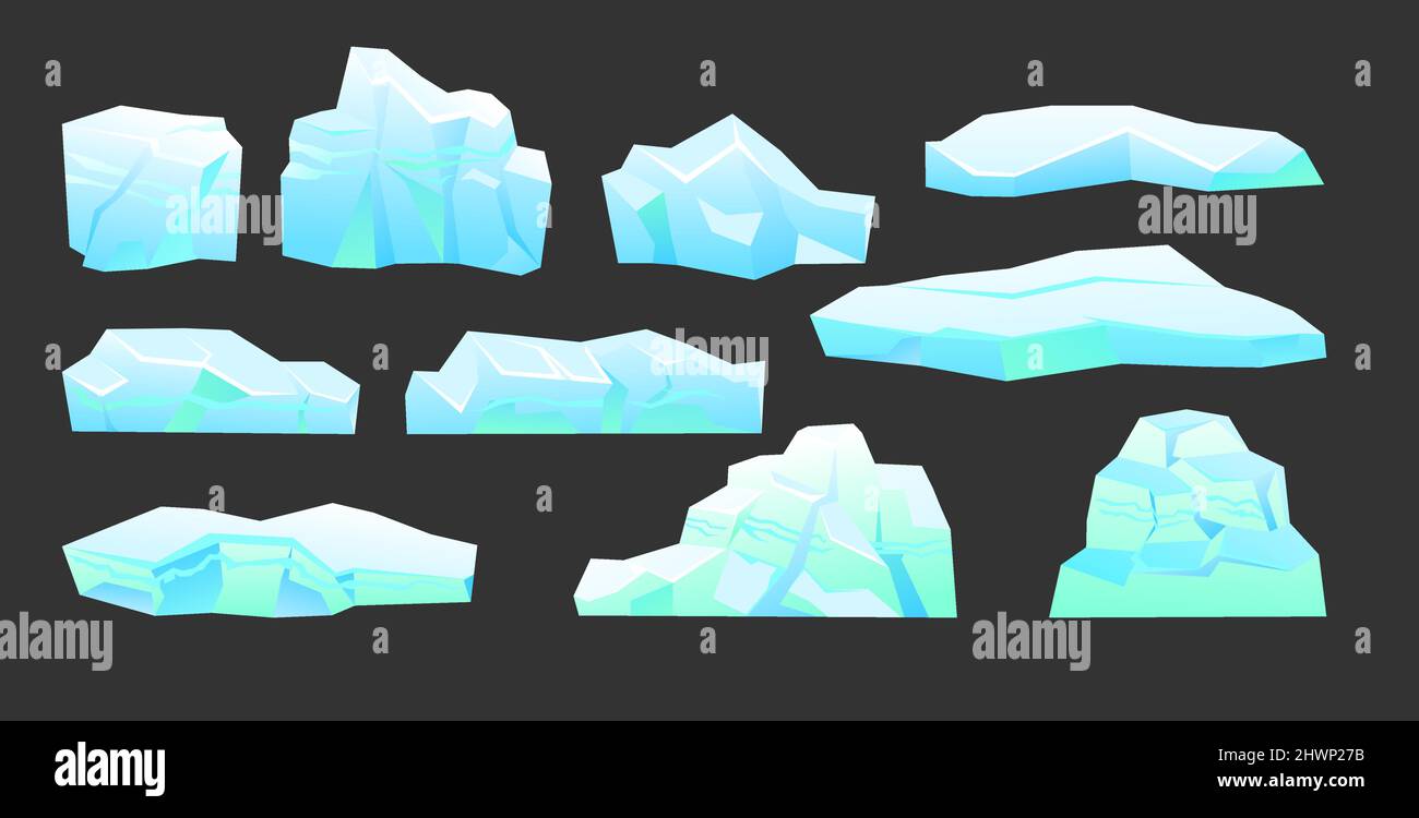 Set di blocchi di ghiaccio. Pezzi di ghiaccio frost. Oggetti congelati invernali. Isolato su sfondo nero. Vettore Illustrazione Vettoriale