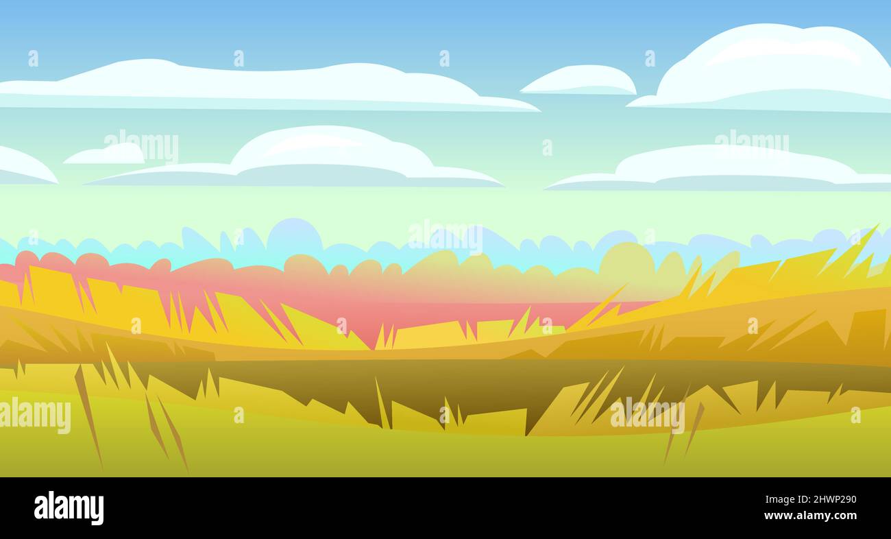 Paesaggio rurale autunno. Fauna selvatica rustica. Villaggio è pascolo e orto. Tempo di raccolta dell'anno. Scena gialla e arancione. Vettore Illustrazione Vettoriale