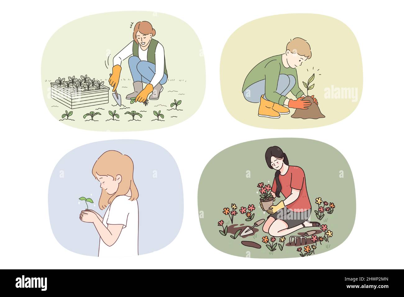 Set di persone diverse godere di giardinaggio seme di piante e piantine in terra. Collezione di uomini e donne impegnati in attività hobby lavoro con il verde e piante. Illustrazione vettoriale. Illustrazione Vettoriale