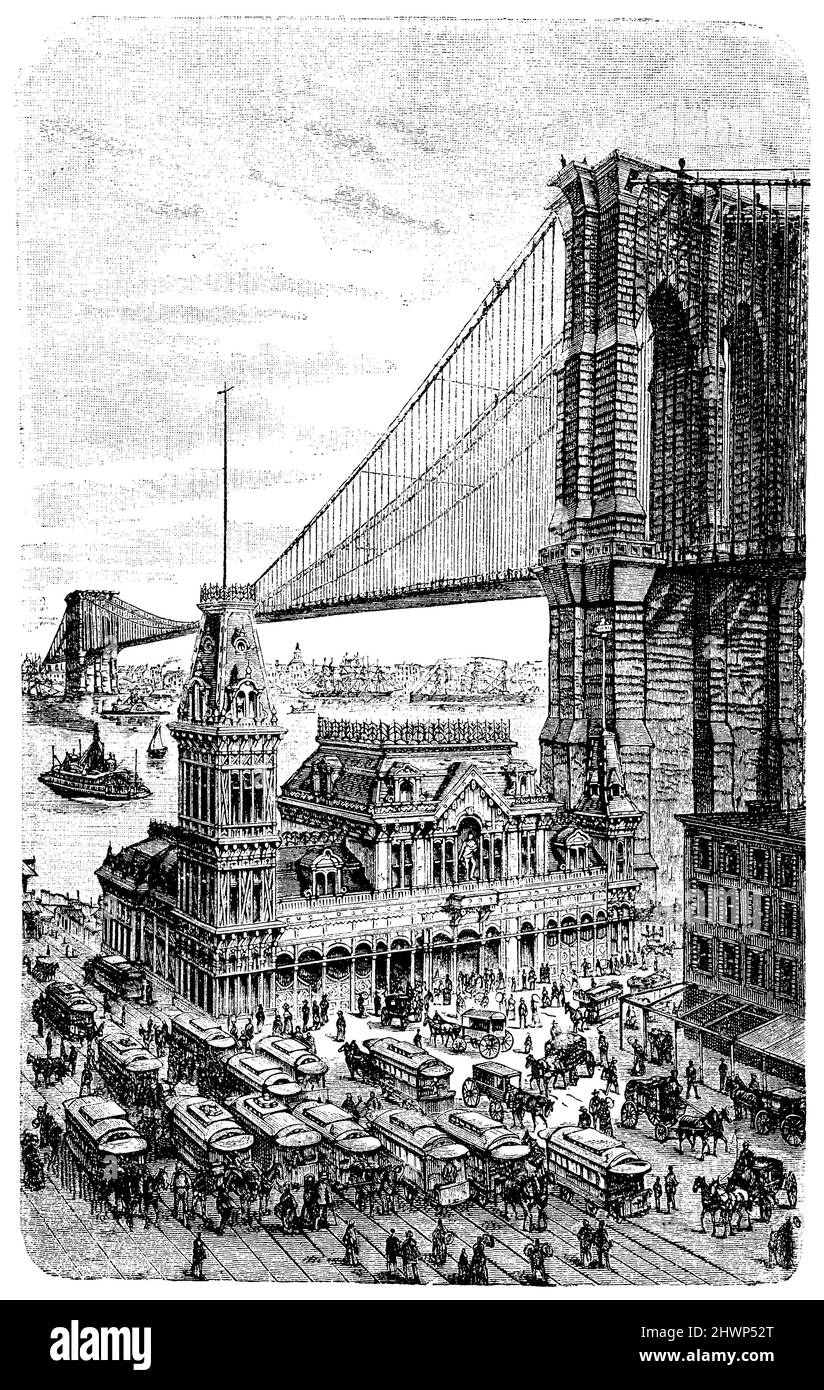 Ponte sospeso tra Brooklyn e New York, , (Enciclopedia, 1893), Hängebrücke zwischen Brooklyn e New York, Pont suspendu entre Brooklyn e New York Foto Stock