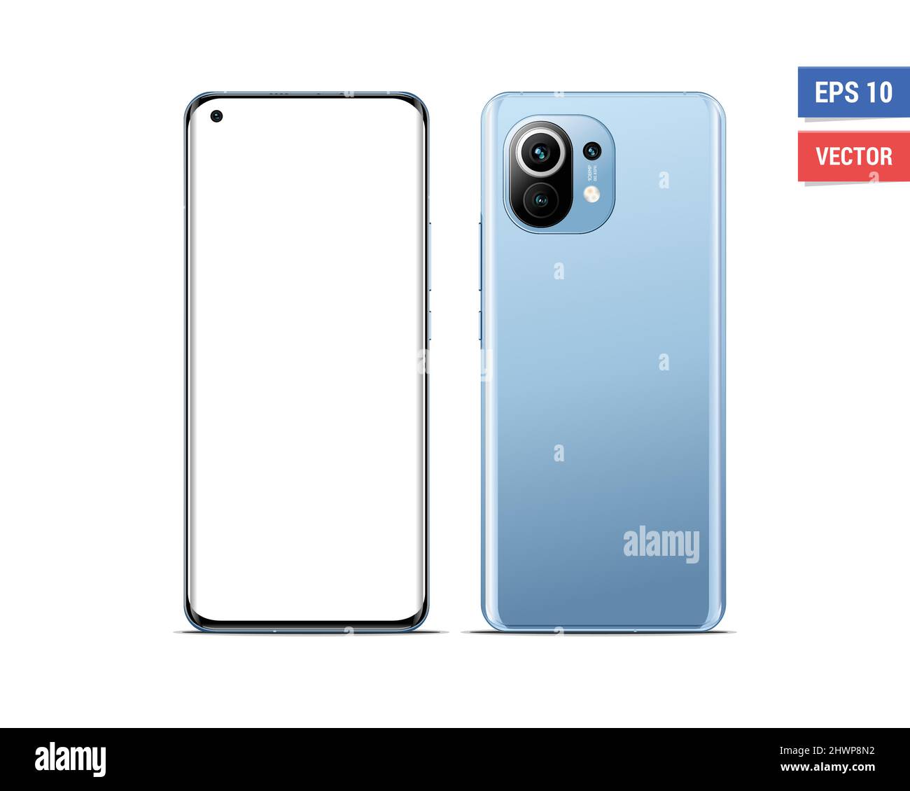 Realistico vettore flat-mock-up Xiaomi Mi11 con schermo vuoto isolato su sfondo bianco. Ridimensionare l'immagine con qualsiasi risoluzione Illustrazione Vettoriale