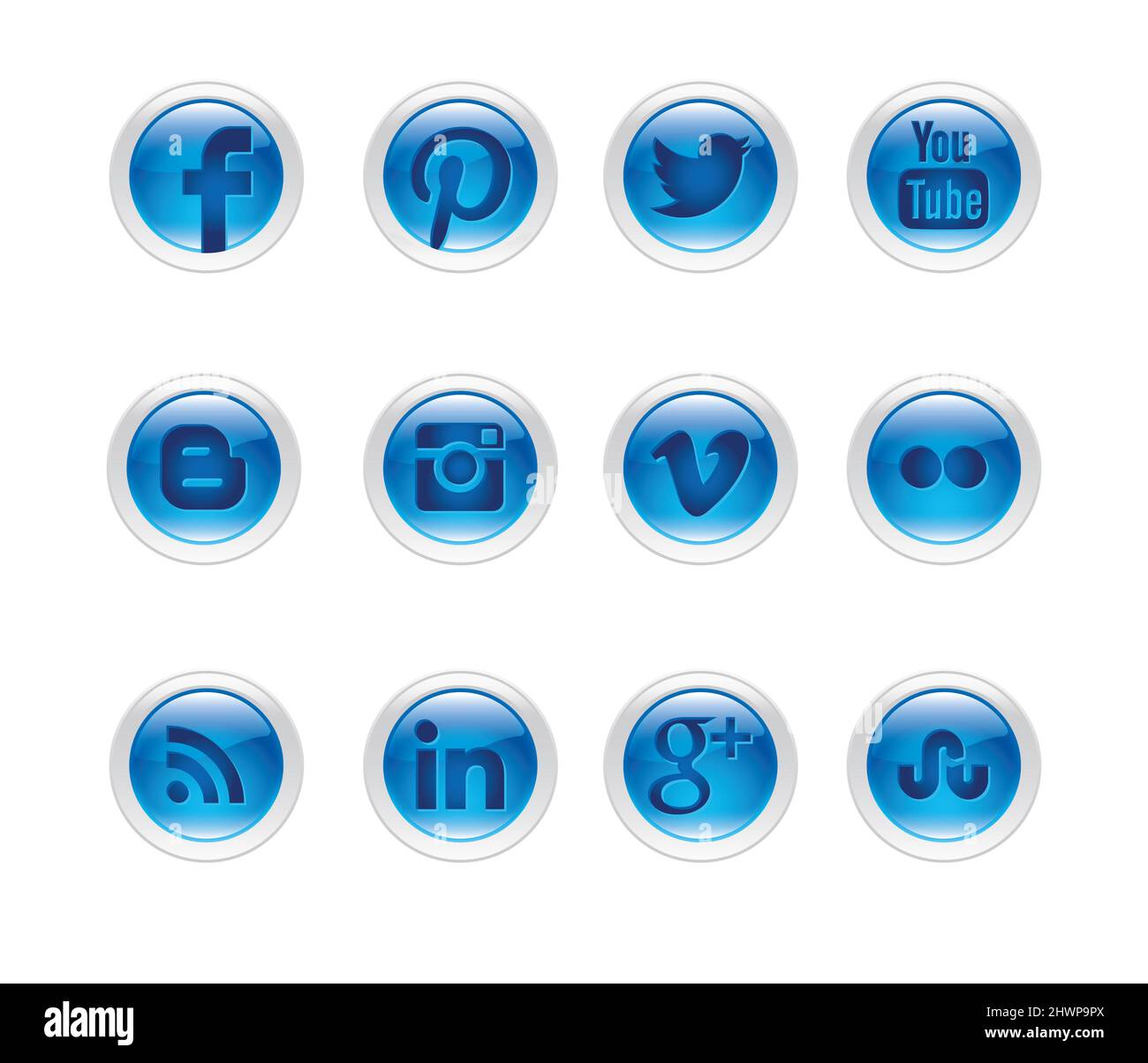 Set di pulsanti a design piatto con i più diffusi logotipi di social network isolati su sfondo bianco Foto Stock