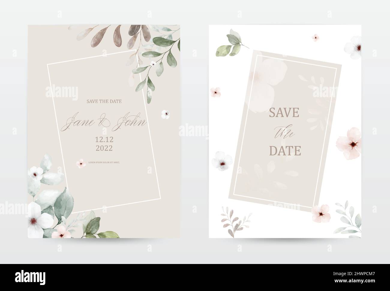 Set di carte modello di invito beige con fiori e foglie acquerelli. Collezione acquerello vettore botanico adatto per invito di nozze, sav Illustrazione Vettoriale