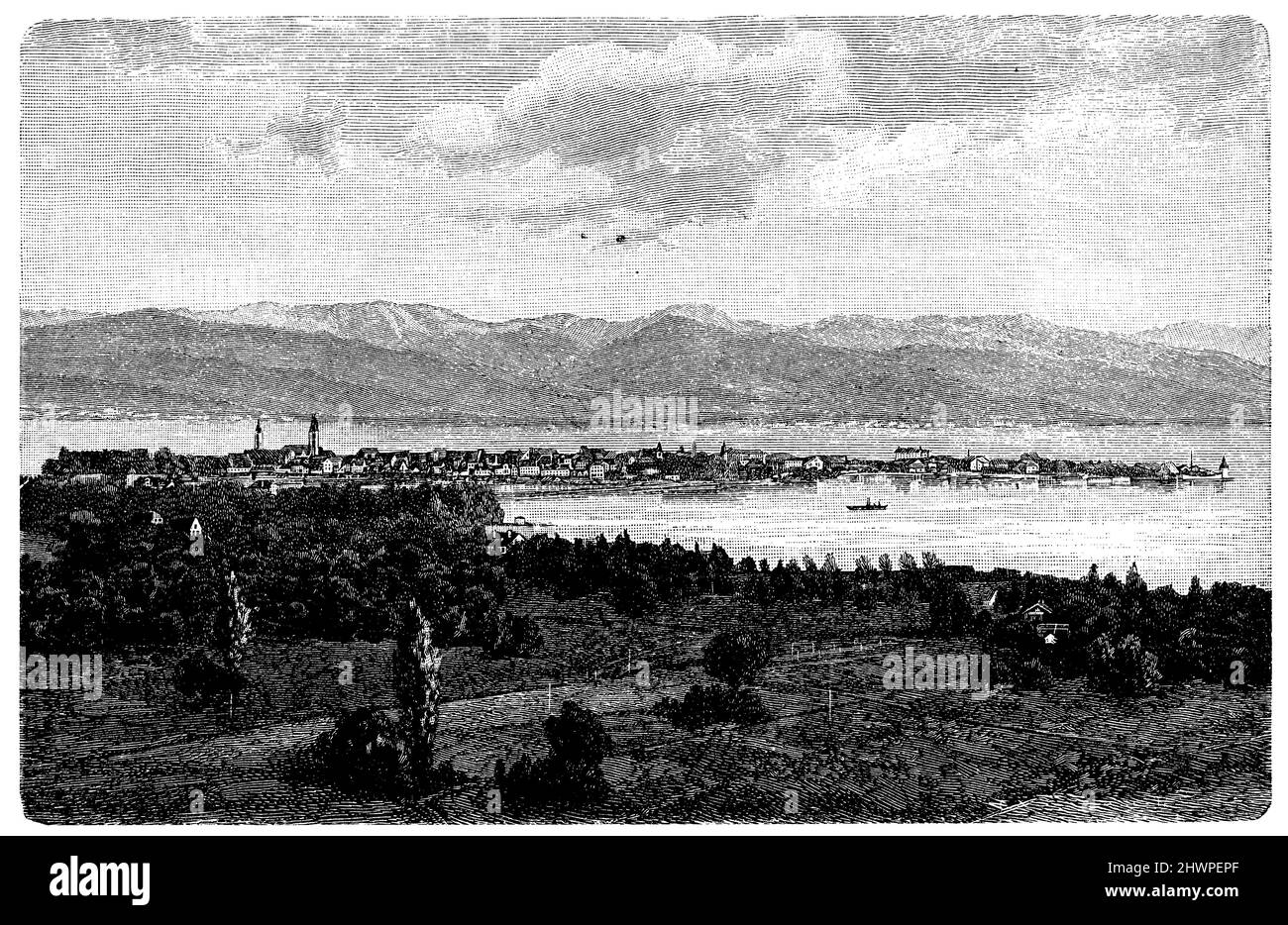 Lindau nel lago di Costanza. Sullo sfondo le Alpi di Allgäu e Vorarlberg, , (atlante, 1909), Lindau im Bodensee. Im Hintergrund die Allgäuer und Vorarlberger Alpen, Lindau dans le lac de Costanza. En arrière-plan, les Alpes de l'Allgäu et du Vorarlberg. Foto Stock