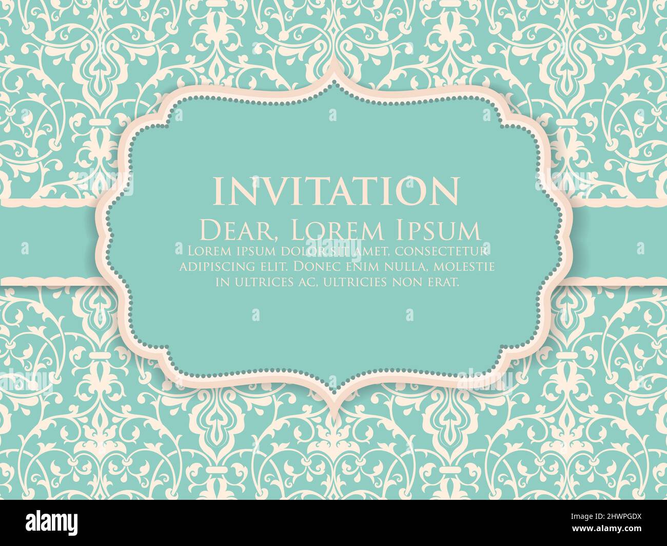 Biglietto d'invito e di annuncio per matrimoni con grafica vintage di sfondo. Elegante sfondo damascato ornato. Elegante ornamento floreale astratto. Design t Foto Stock