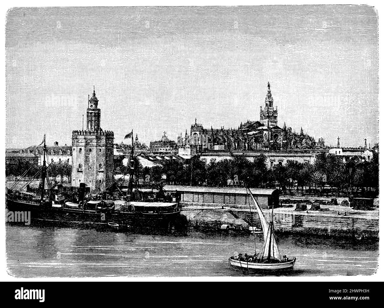 Sevilla, visto dal fiume Guadalquivir, , (atlas, 1909), Sevilla, Von Guadalquivir aus gesehen, Séville, vue depuis le Guadalquivir Foto Stock