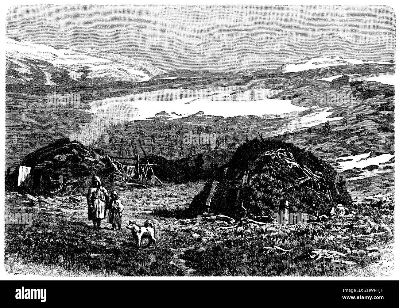 Fjeld norvegese con Lapplanders, , (atlas, 1909), norvegese Fjeld mit Lappländern, Fjeld norvégien avec des Lapons Foto Stock