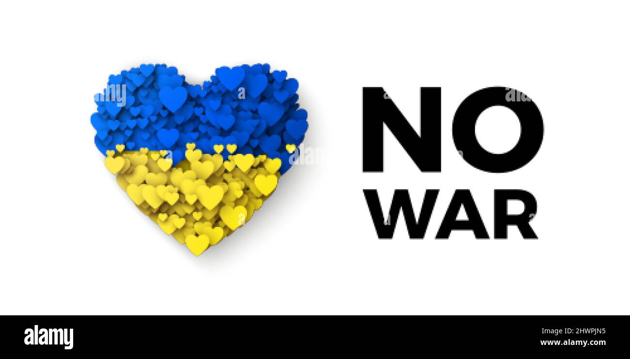 Nessun banner War. Fermare la guerra e l'aggressione militare. Bandiera Ucraina blu e gialla con silhouette a cuore. Concetto di libertà e pace. Illustrazione vettoriale i Illustrazione Vettoriale