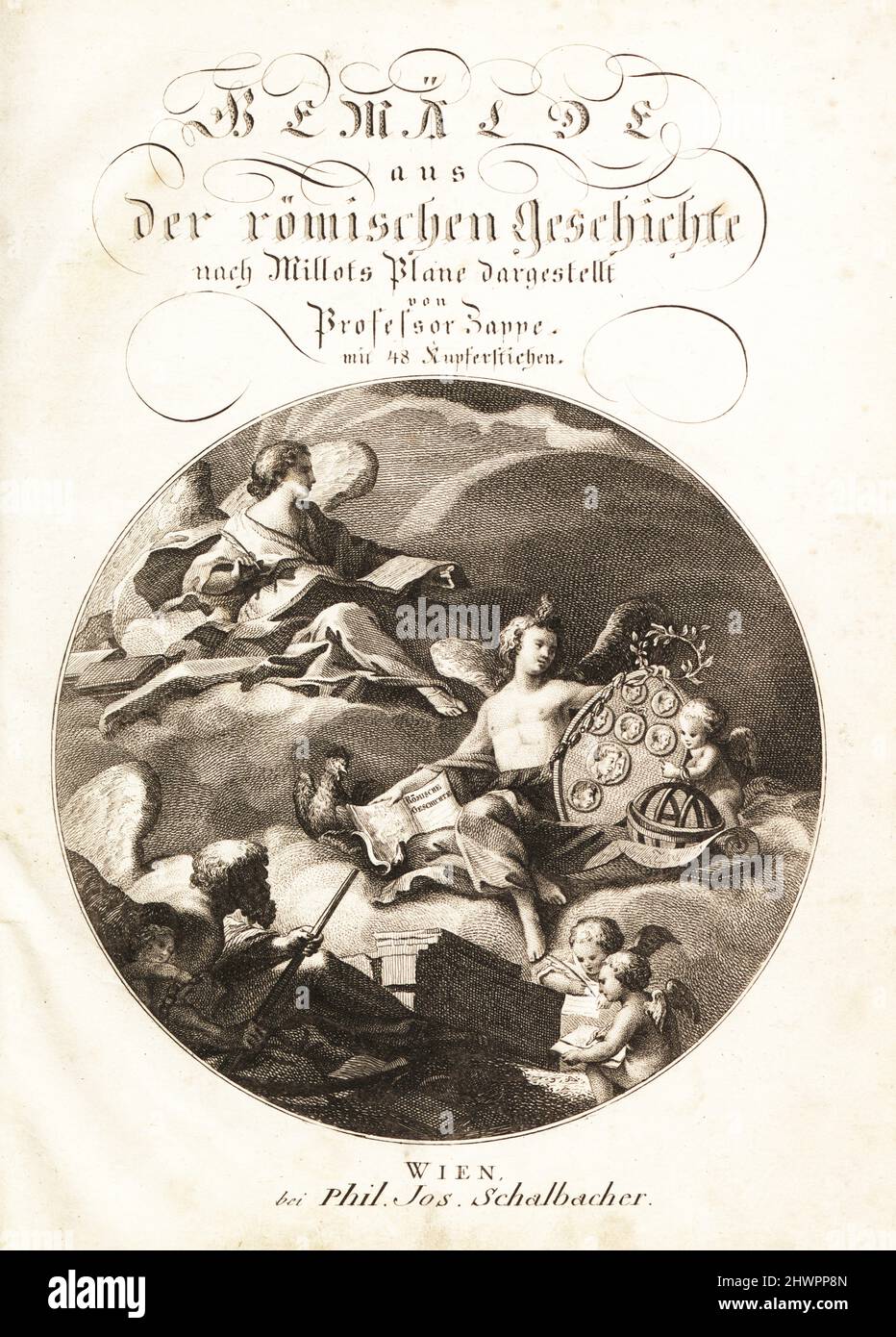 Scena allegorica con storia seduta su una nuvola sopra Studio con un libro di storia, medaglione con ritratti, un globo e grafico. Due genie alate scrivono la Storia di Remo e Romolo. Pagina del titolo copperplate con vignetta rotonda di Jean Baptiste Piuger del professor Joseph Rudolf Zappe’s Gemalde aus der romischen Geschichte, Pictures of Roman History, Joseph Schalbacher, Vienna, 1800. Edizione tedesca dell’Abbe Claude Francois Xavier Millot’s Abrege de l’Histoire Romaine. Foto Stock