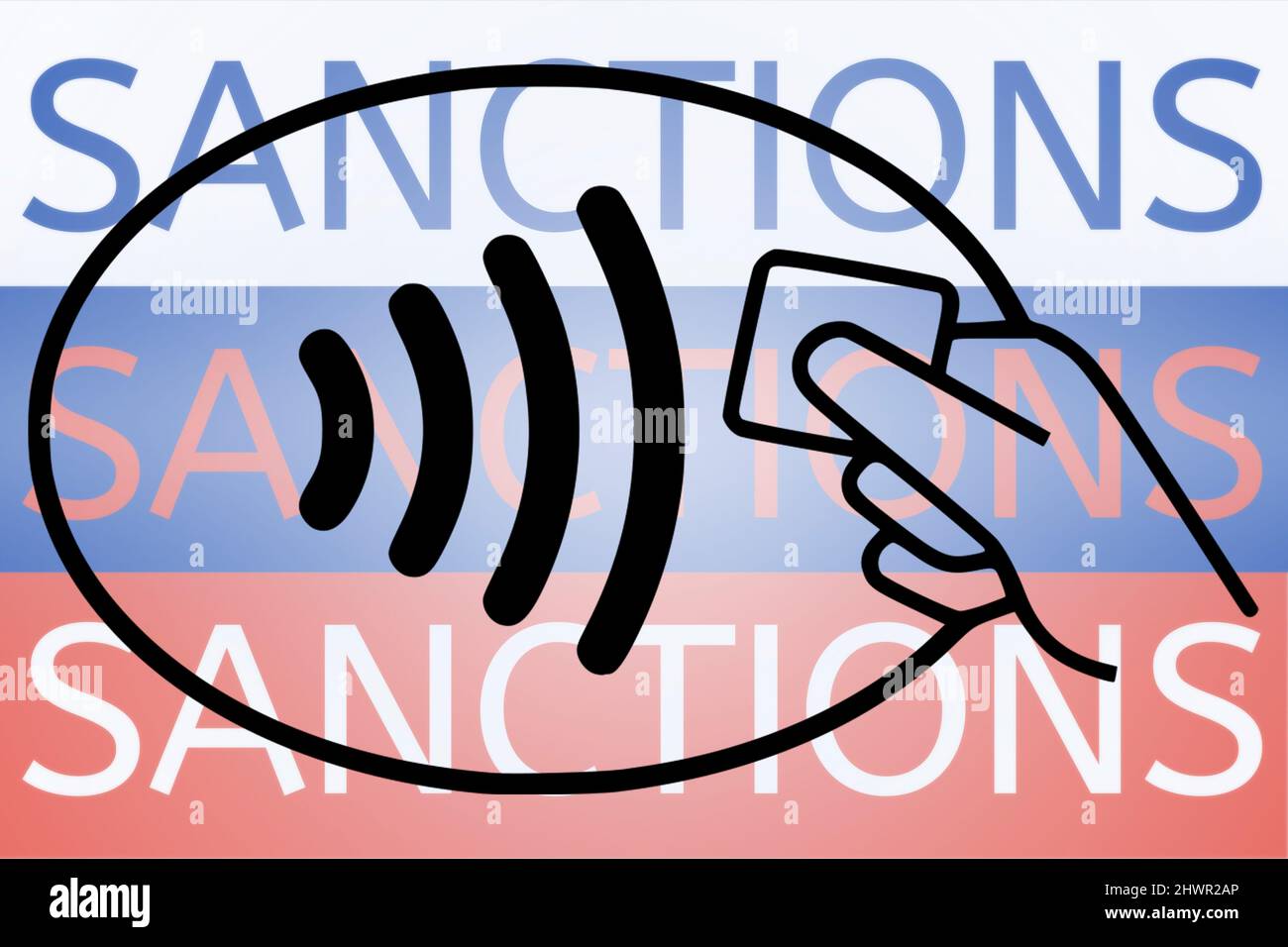 Logo di pagamento contactless davanti al testo della sanzione sulla bandiera russa. Nuove sanzioni contro la Russia per l'invasione dell'Ucraina. Marzo 2022, San Francisco, USA Foto Stock