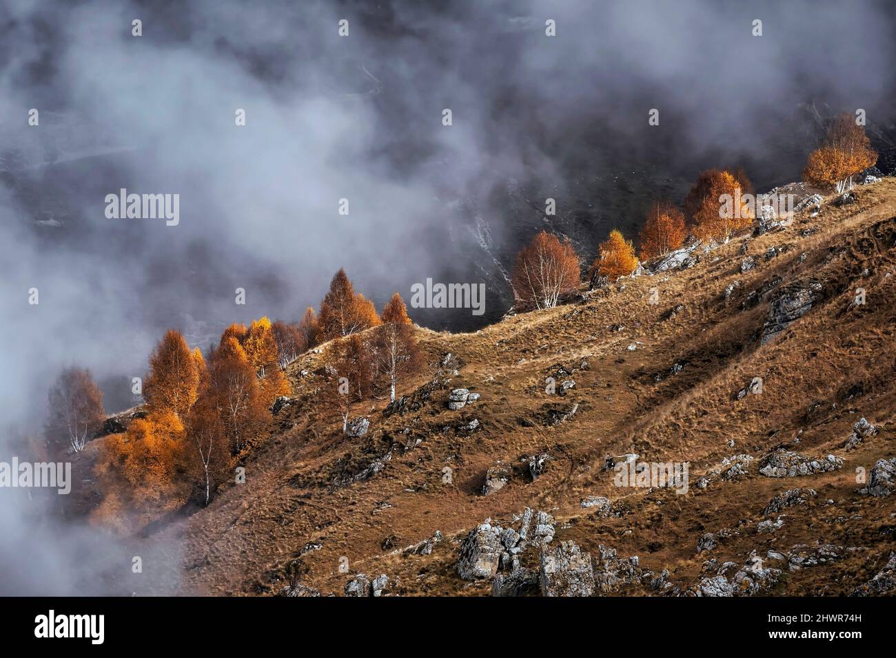 Paesaggio montagnoso del Caucaso settentrionale in autunno nebbia Foto Stock