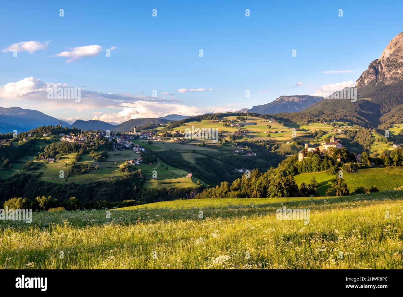 Italia, Alto Adige, VOL am Sciliern, prato alpino in estate con villaggio e Castello di Prosels in background Foto Stock