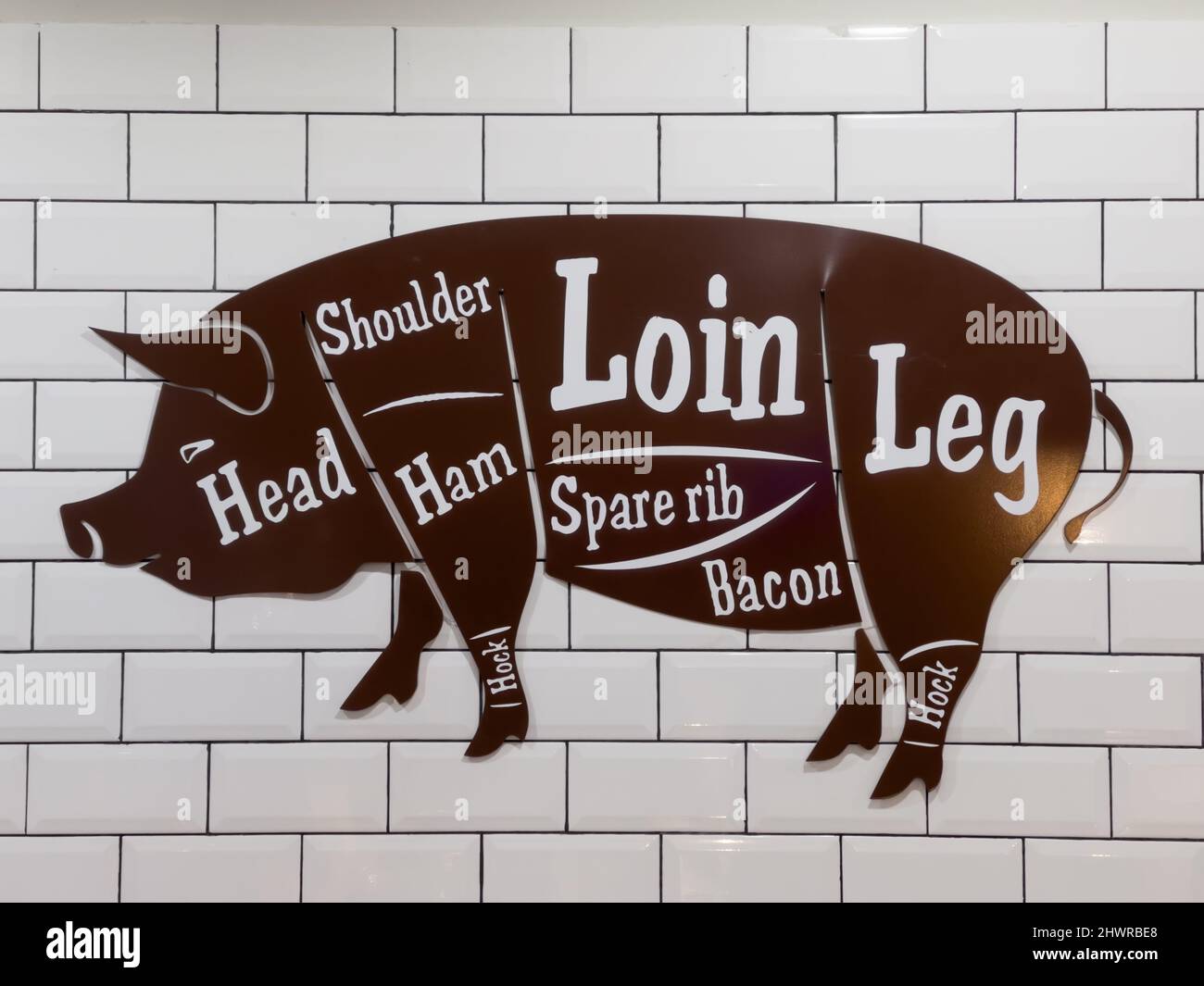 Un taglio su un muro di tegole bianche, che indica o guida ai diversi tagli di maiale. Guida di carne macellaio. Foto Stock