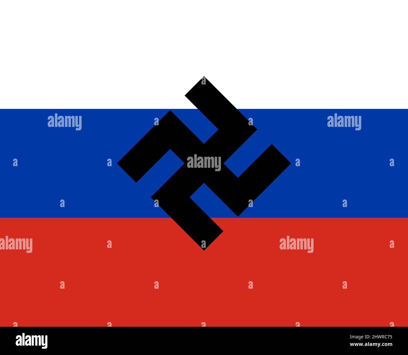 Nazismo e fascismo russo - bandiera della federazione russa con la svastica. Tricolore di Russia con il segno barrato che simboleggia il paese delle occupi Illustrazione Vettoriale
