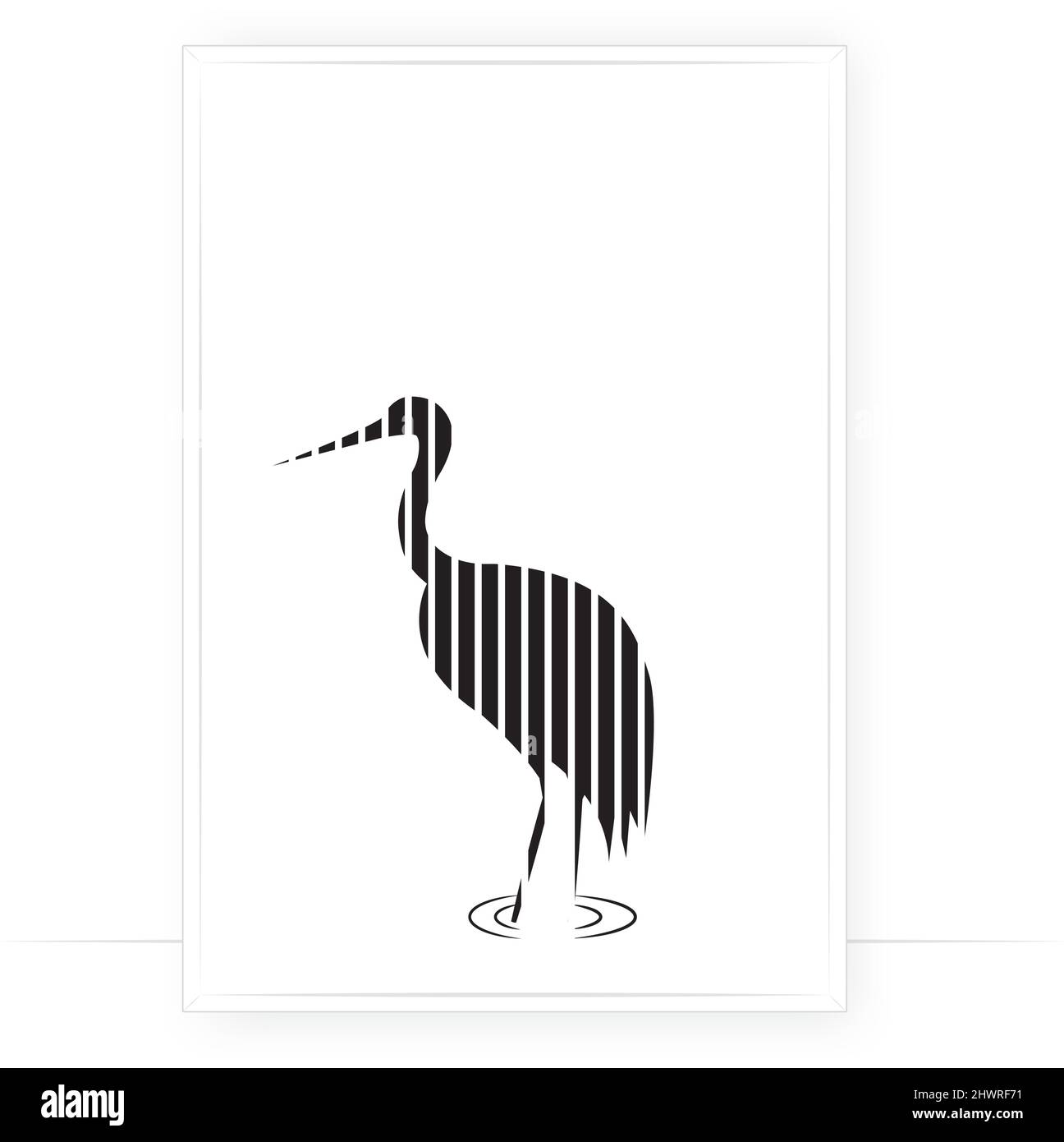 Silhouette Heron isolata su sfondo bianco, vettoriale. Design minimalista scandinavo con poster in cornice. Arte moderna della parete, opere d'arte. Design grafico Illustrazione Vettoriale
