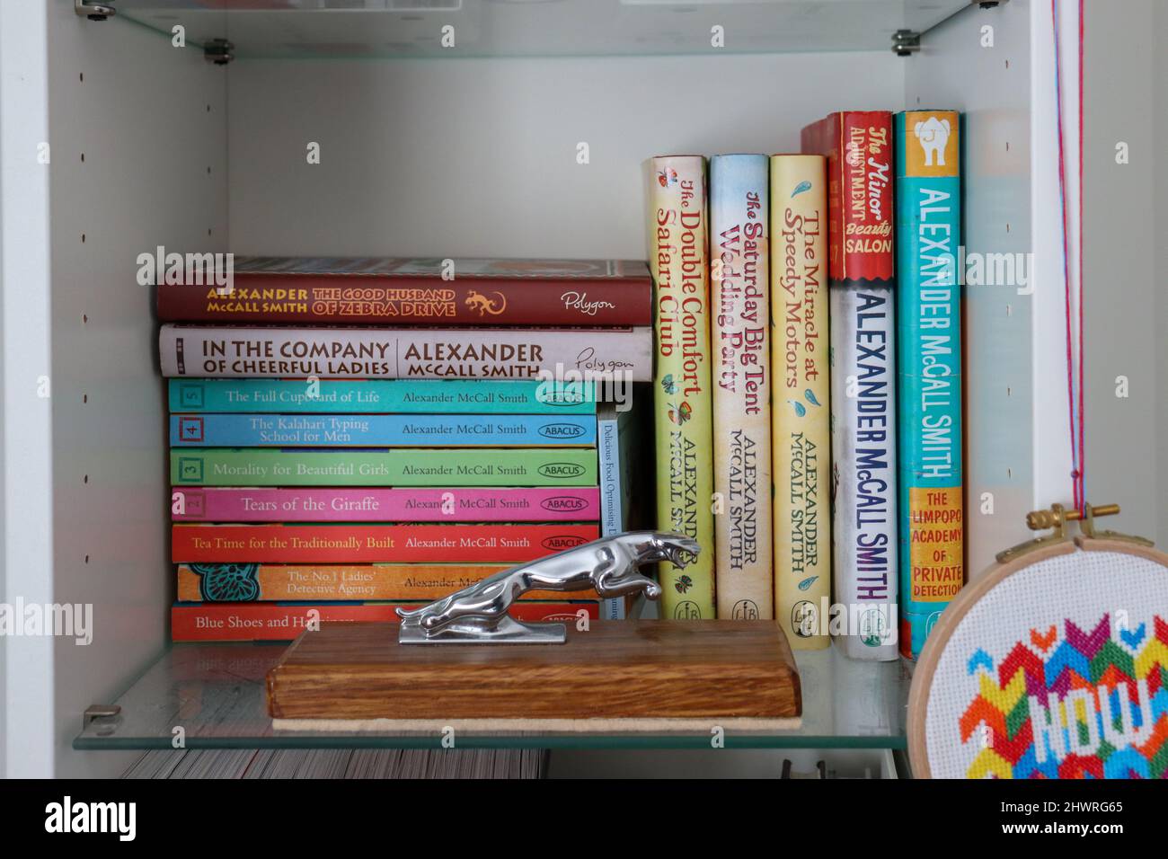 Piccolo ripiano su libreria con libri e oggetti Foto Stock