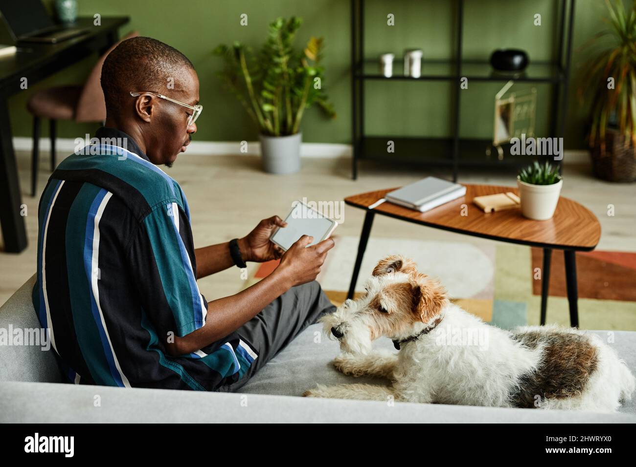 Ritratto del giovane uomo nero che tiene il tablet con schermo vuoto mentre si utilizzano dispositivi per la casa intelligenti in un ambiente accogliente con il cane da compagnia Foto Stock