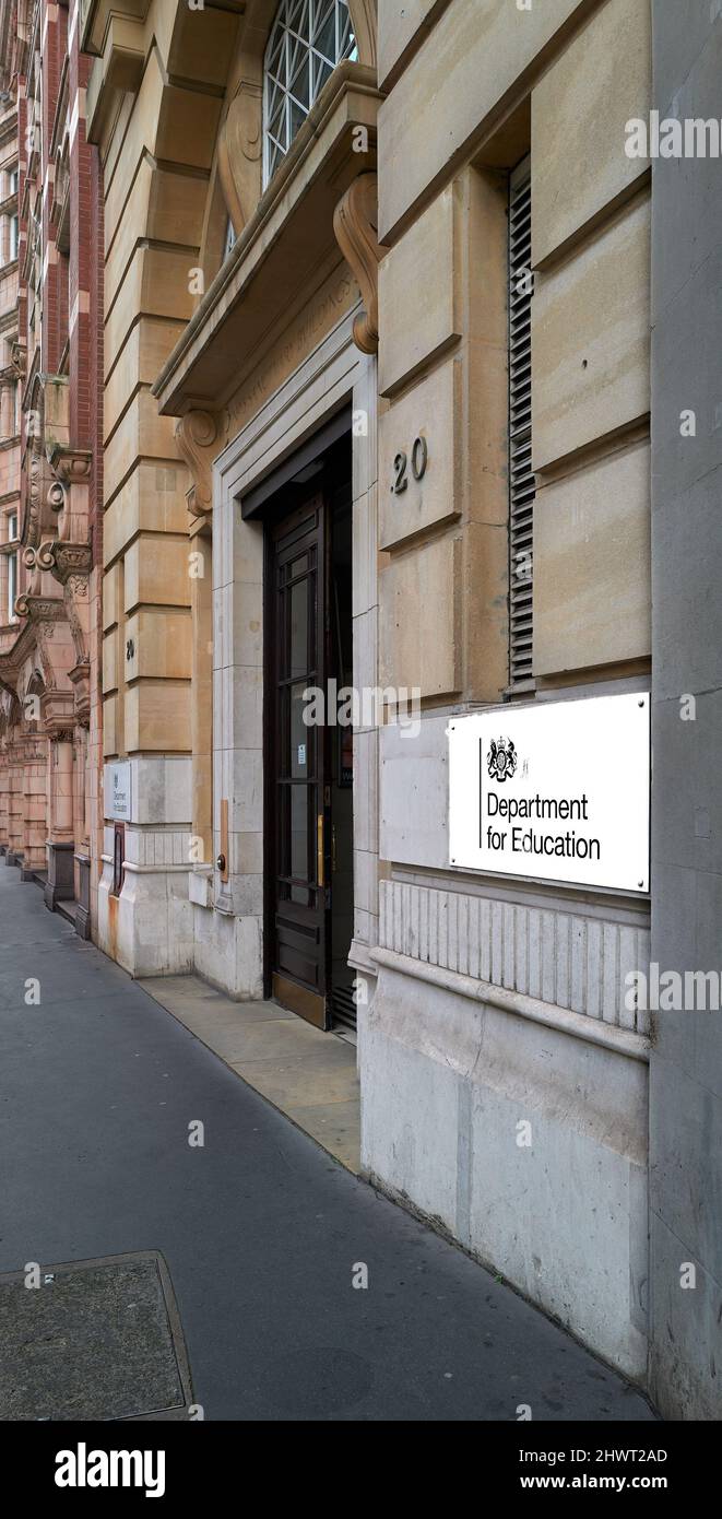 Edificio del Dipartimento dell'istruzione del governo britannico (DFE), Londra, Inghilterra. Foto Stock