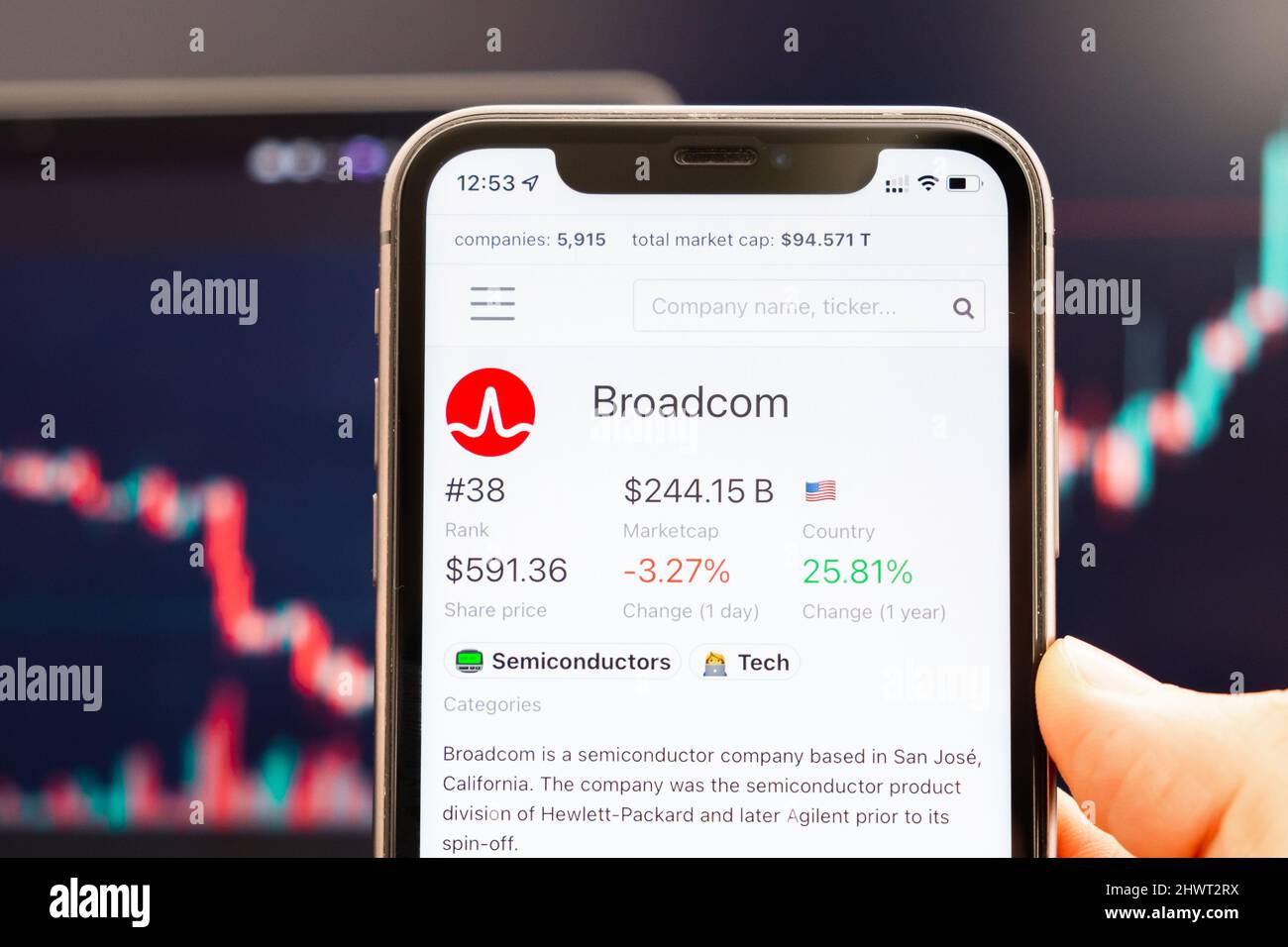 Broadcom stock price on the screen of mobile phone in mans Hand with changing stock market graphs on the background, February 2022, San Francisco, USA. Foto Stock