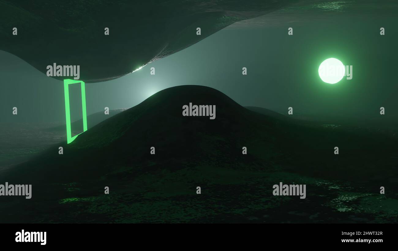 illustrazione 3D - sfondo digitale Sci-fi orizzontale. Vista mago sulla terra con luna colorata Foto Stock