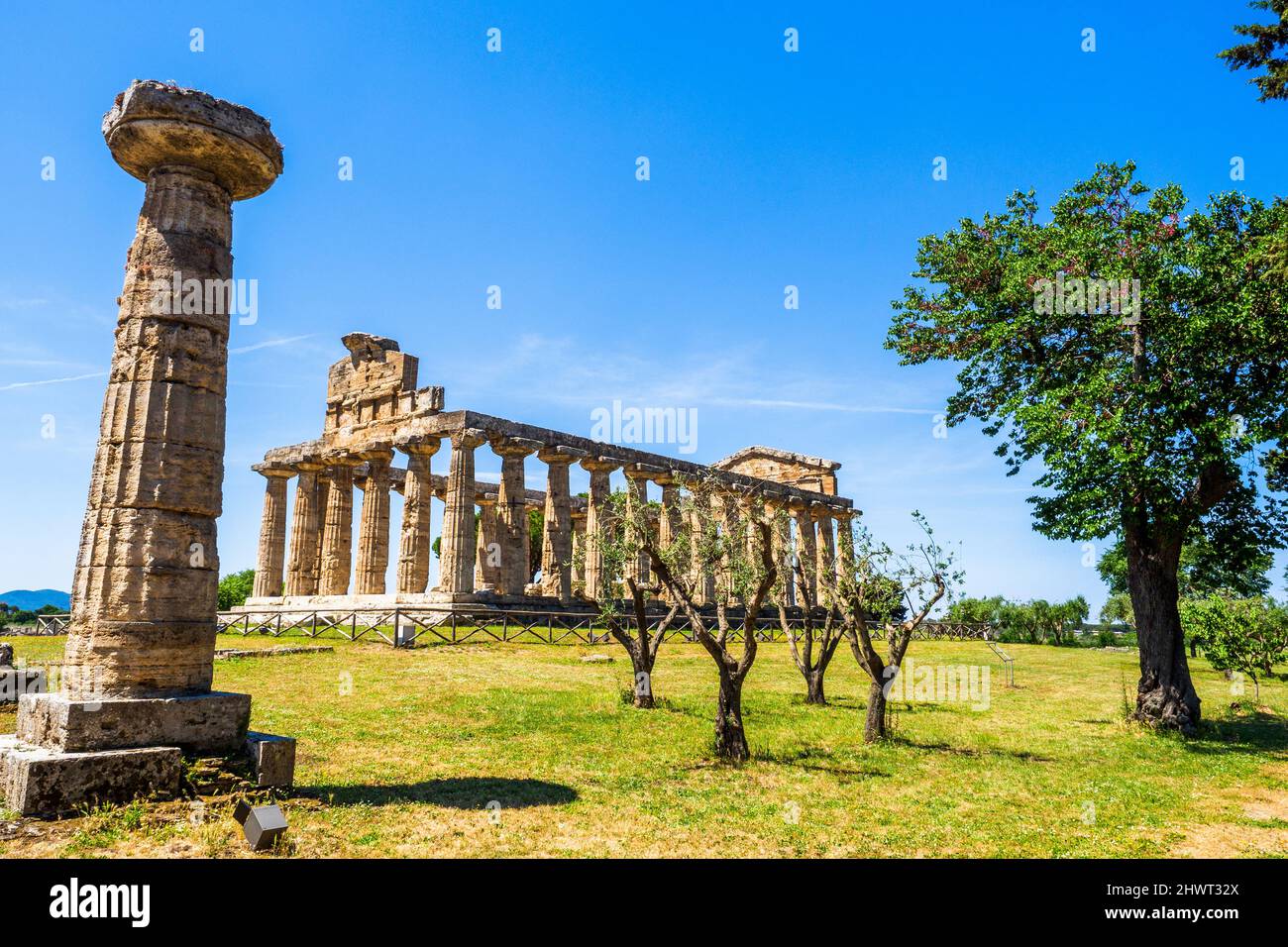 Il tempio greco in stile dorico di Atena - Area archeologica di ​​Paestum - Salerno, Italia Foto Stock