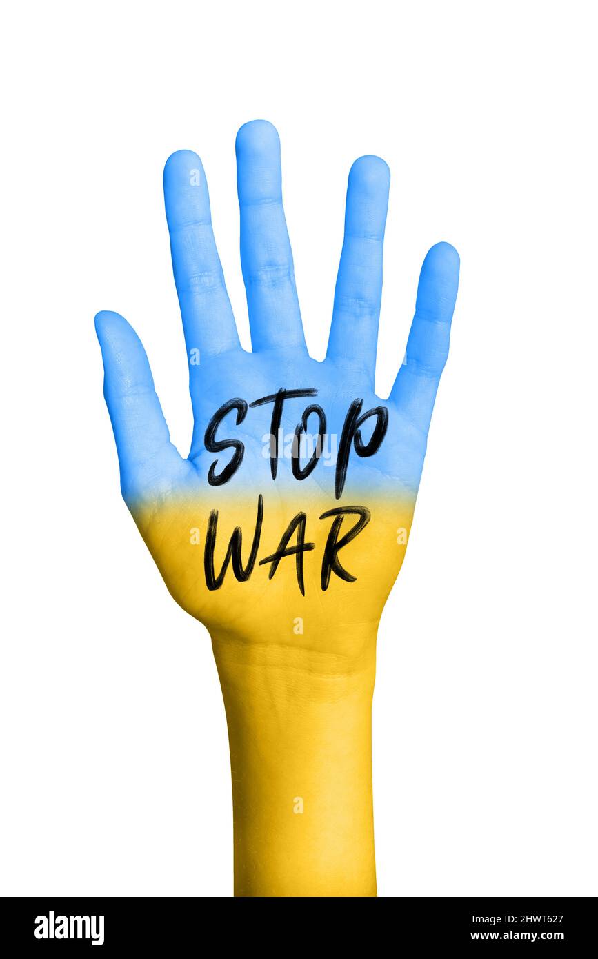 Messaggio di arresto della guerra scritto su una mano con il colore della bandiera Ucraina, illustrazione di protesta di pace Foto Stock
