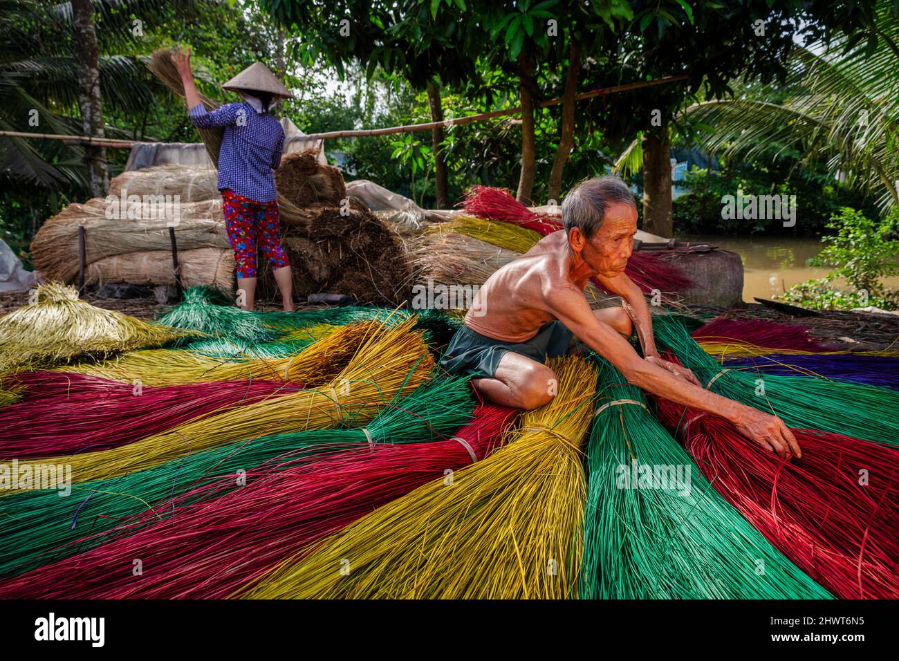 Vietnamita vecchio artigiano asciugando tradizionale vietnam stuoie nel vecchio villaggio tradizionale a dinh Yen, dong thap, vietnam, tradizione artista concetto, Foto Stock