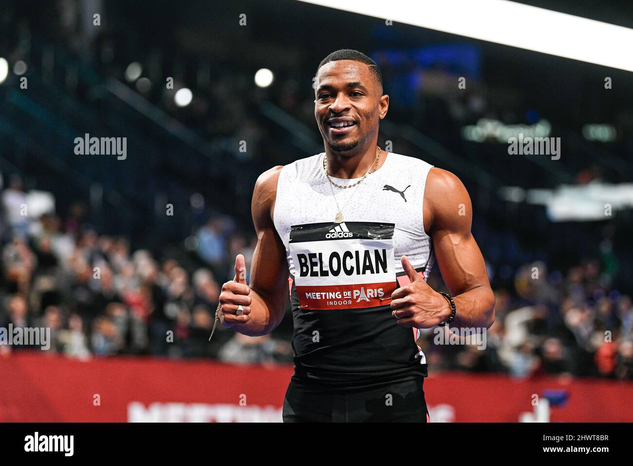 Wilhem Belian (60m ostacoli da uomo) di Francia compete durante il World Athletics Indoor Tour, Meeting de Paris 2022, il 6 marzo 2022 presso l'Accor Arena di Parigi, Francia. Foto Stock