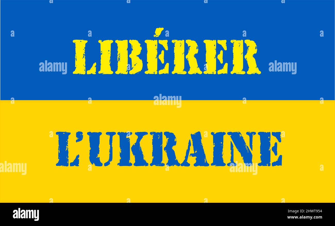 iscrizione libera l'ucraina in francese sulla bandiera ucraina Foto Stock