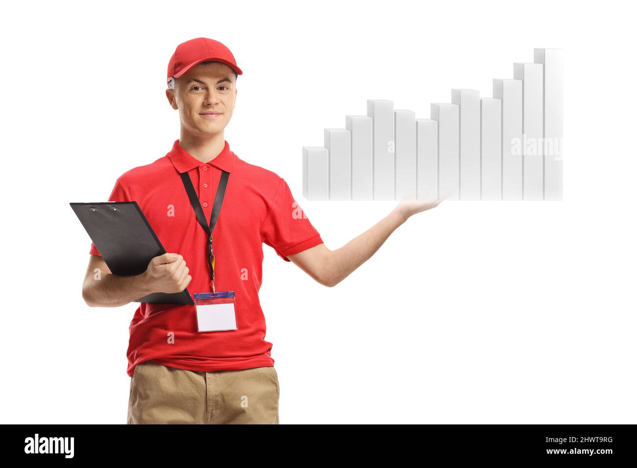 Ritratto a tutta lunghezza di un assistente di negozio maschile che tiene un grafico a barre sulla sua mano isolato su sfondo bianco Foto Stock