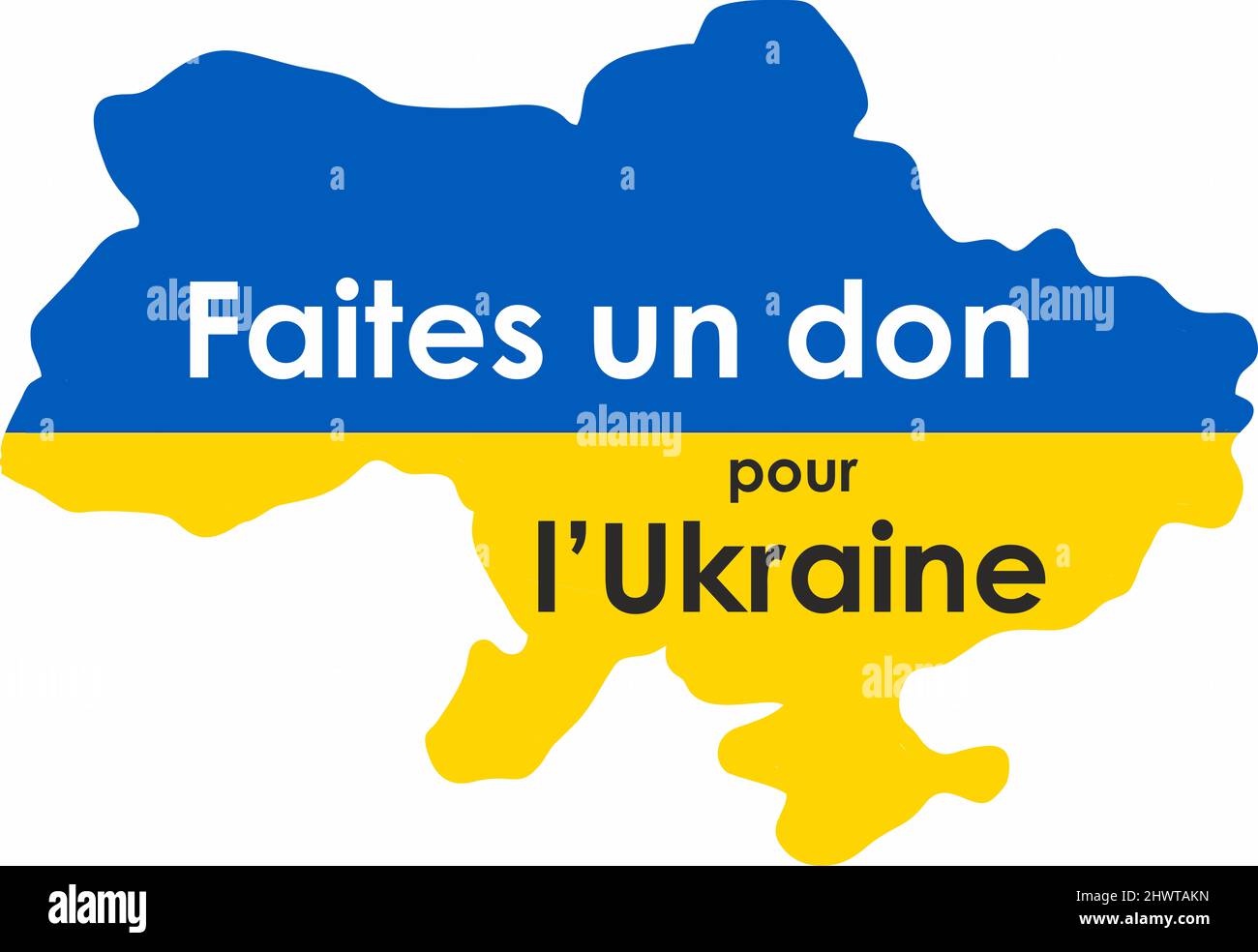 iscrizione donare per l'ucraina in francese sulla mappa ucraina con il colore della bandiera ucraina Foto Stock