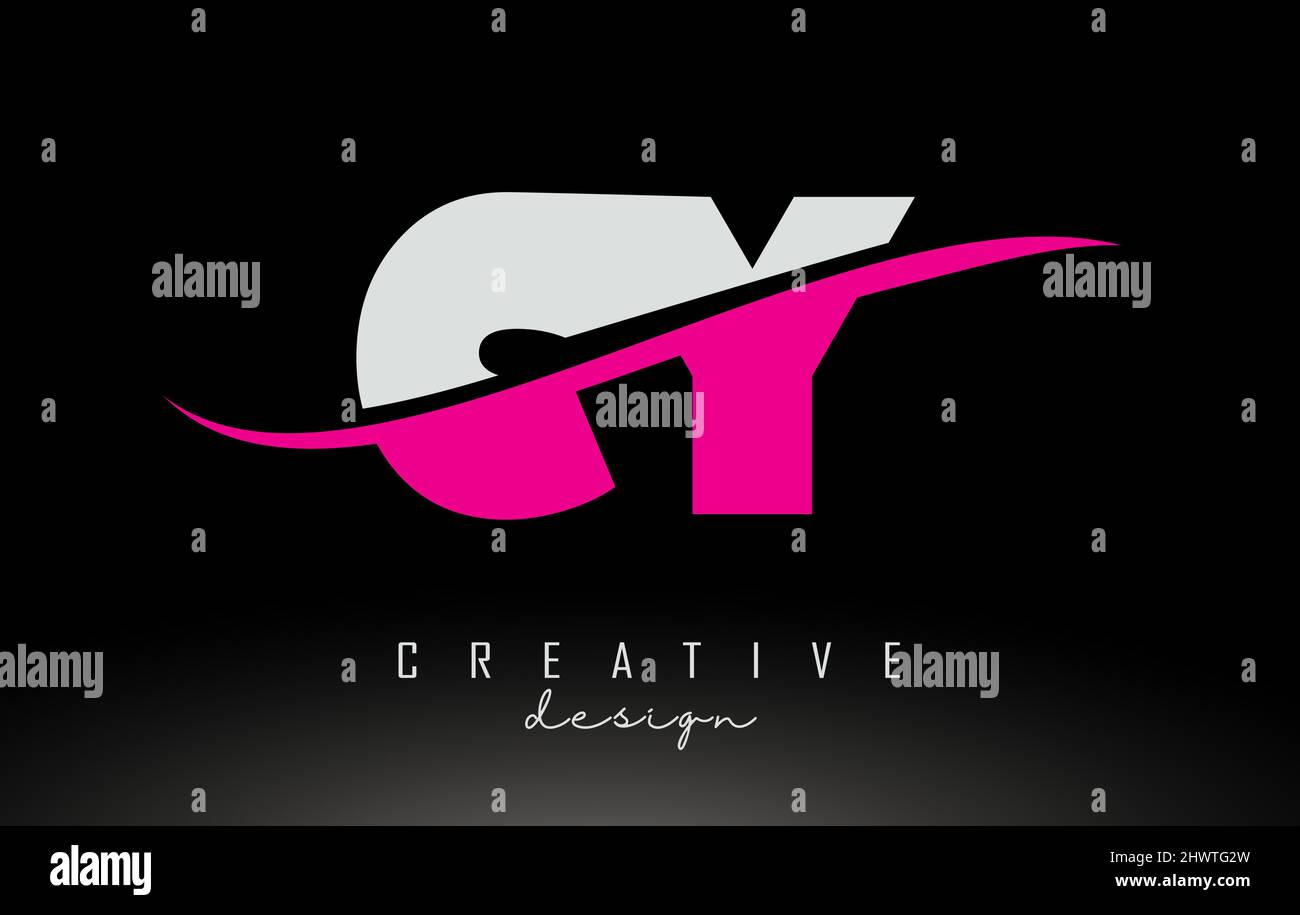 CY C Y Logo lettera bianco e rosa con Swoosh e linee curve. Illustrazione Vettoriale