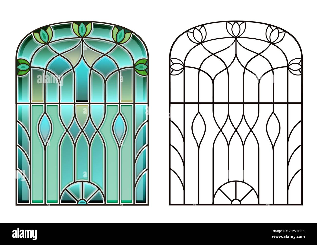 Vecchia finestra ad arco con vetrate colorate Illustrazione Vettoriale