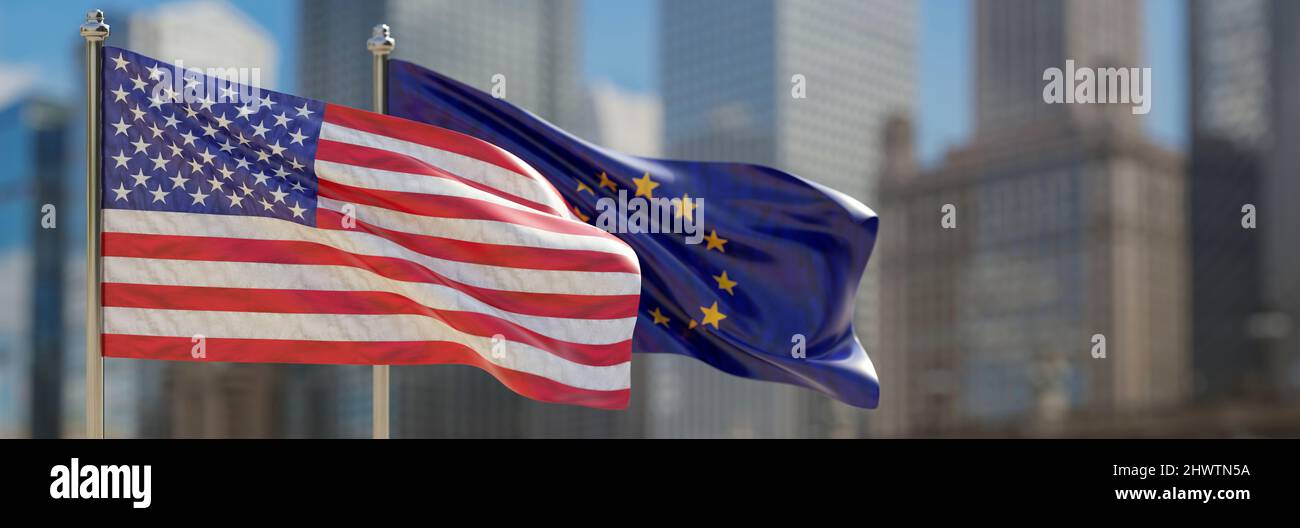 Bandiera nazionale dell'UE e degli USA che sventola sullo sfondo della costruzione sfocata, simbolo degli Stati Uniti d'America e dell'Unione europea sul flagpole, banner. 3d rendering Foto Stock