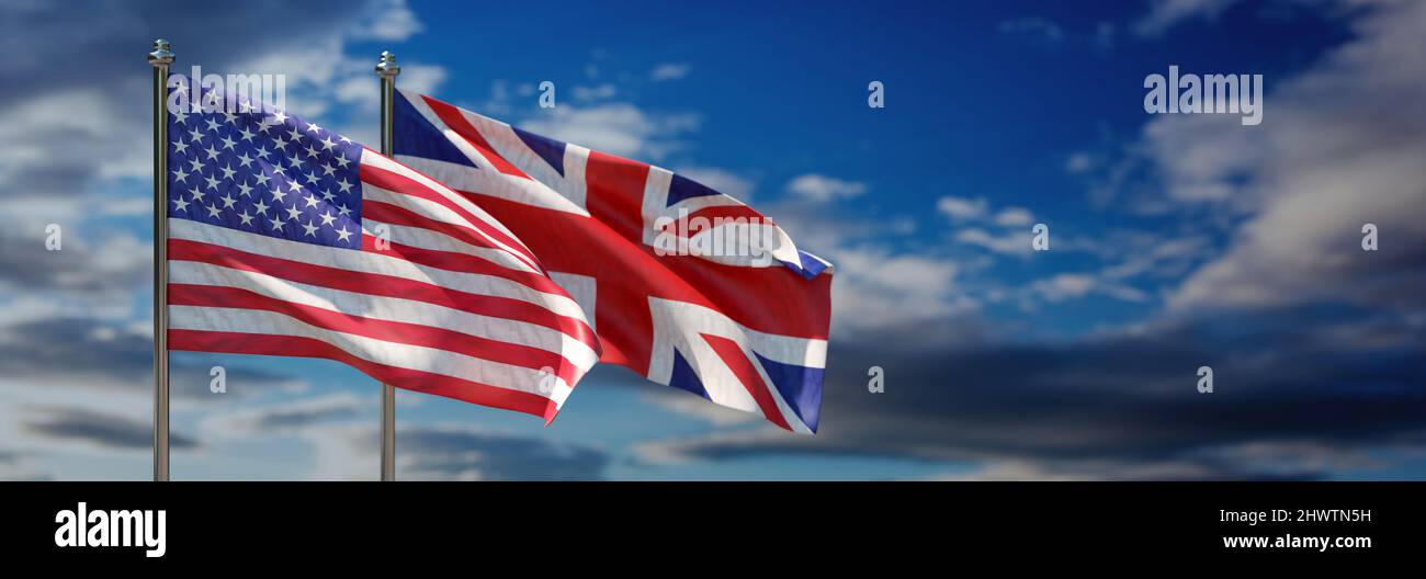 Bandiera nazionale del Regno Unito e degli Stati Uniti che sventola sullo sfondo del cielo nuvoloso, simbolo degli Stati Uniti d'America e del Regno Unito sul flagpole, banner. 3d rendering Foto Stock