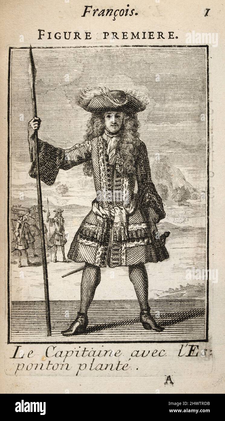 Illustrazione d'epoca del capitano con lo spontone piantato, Arte militare Francese , fine 17th secolo, 1696 Foto Stock