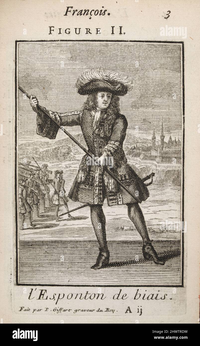 Illustrazione d'epoca del capitano con lo spugnone angolato, Arte militare Francese , fine 17th secolo, 1696 Foto Stock