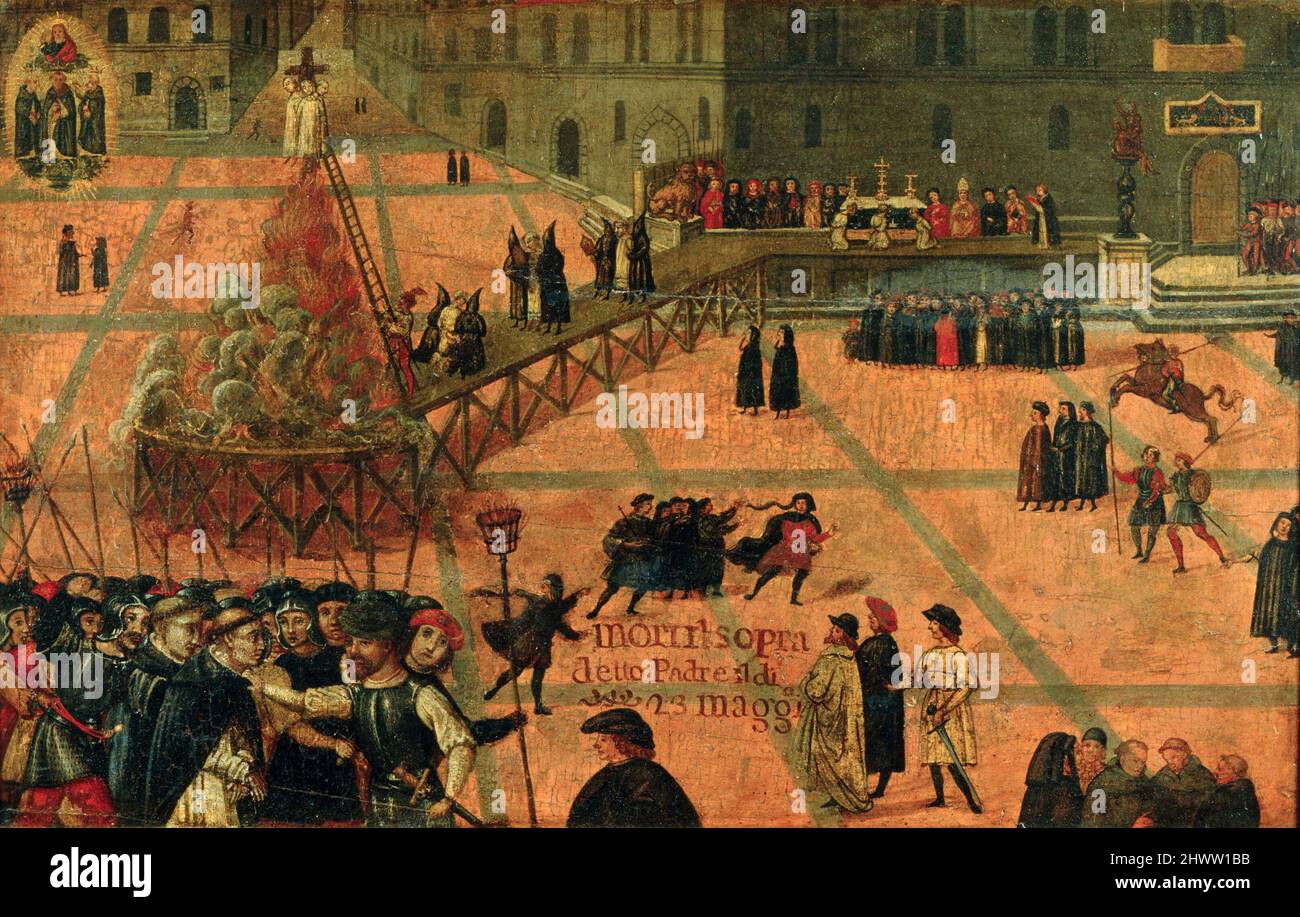 L'esecuzione di Savonarola in Piazza della Signoria, opera di Filippo Dolciati (1498) Girolamo Savonarola (1452 – 1498) o Jerome Savonarola fu un frate domenicano italiano ferrarese e predicatore attivo nella Firenze rinascimentale. Foto Stock
